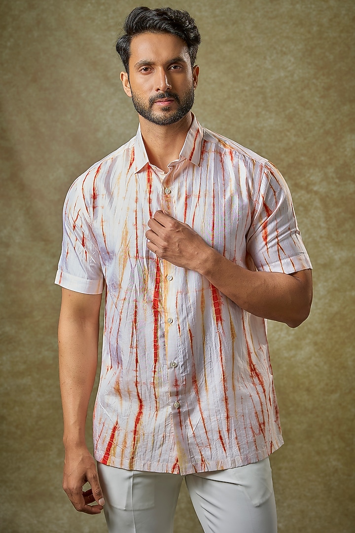 Red Mulberry Silk Party Wear Shirt by Coral by Seema Men at Pernia's Pop Up Shop