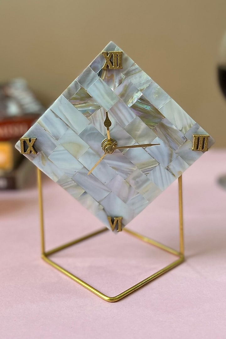 White Mother Of Pearl Diamond Shaped Desk Clock by Home Jewels by Cotton Indya
