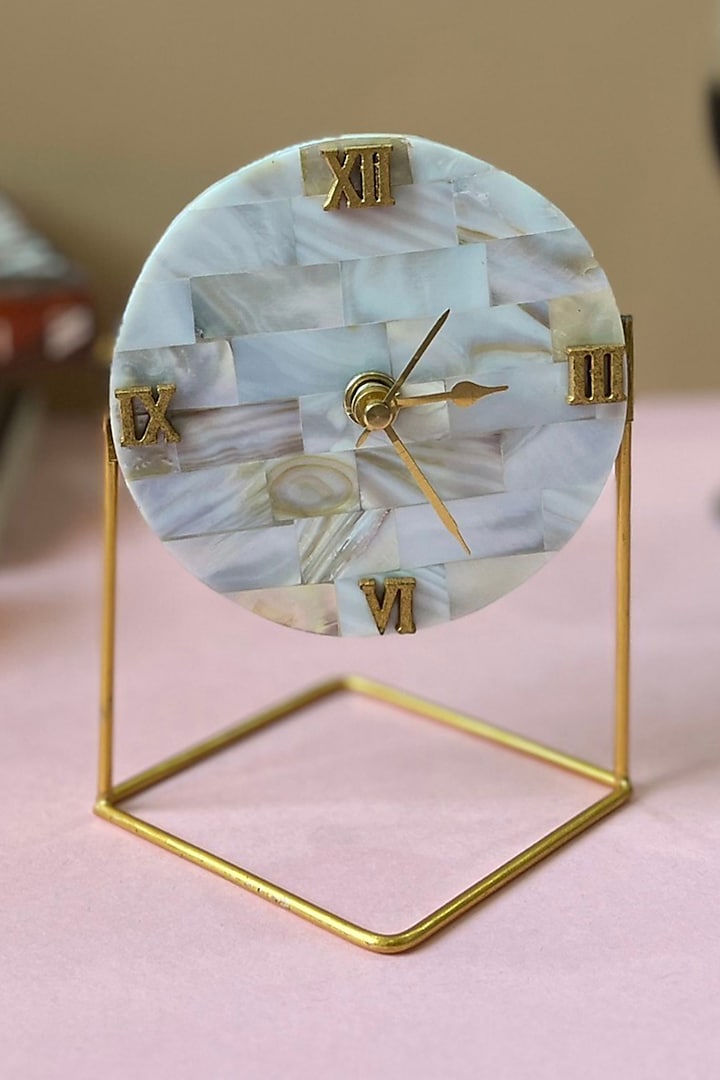 White Mother Of Pearl Round Desk Clock by Home Jewels by Cotton Indya