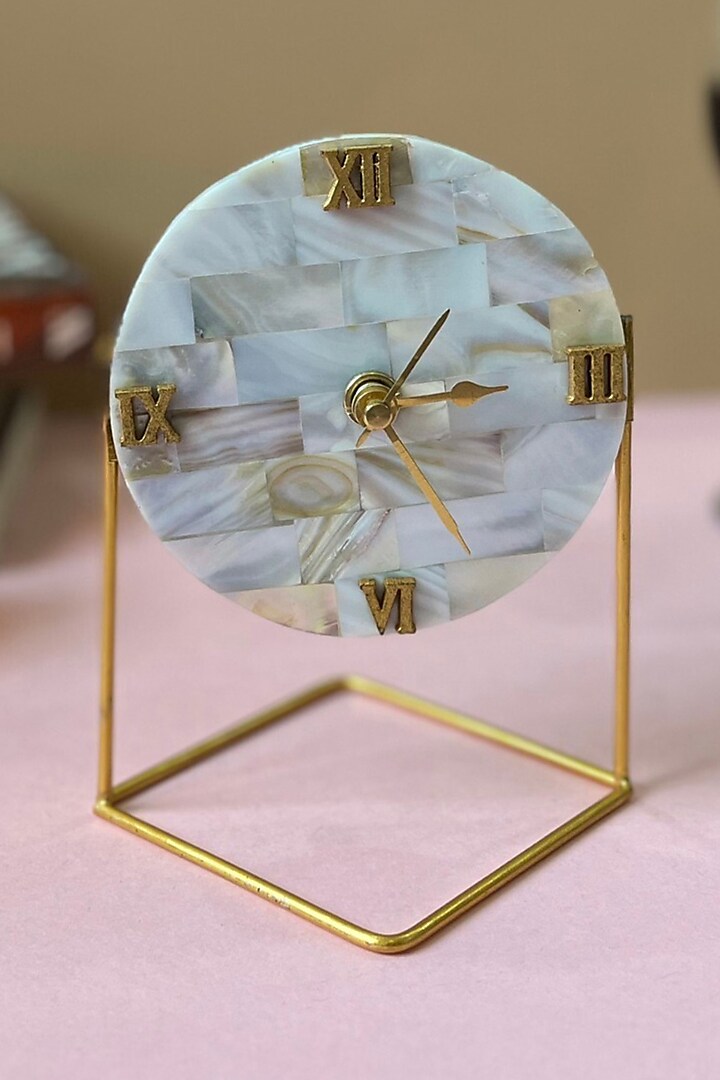 White Mother Of Pearl Round Desk Clock by Home Jewels by Cotton Indya at Pernia's Pop Up Shop