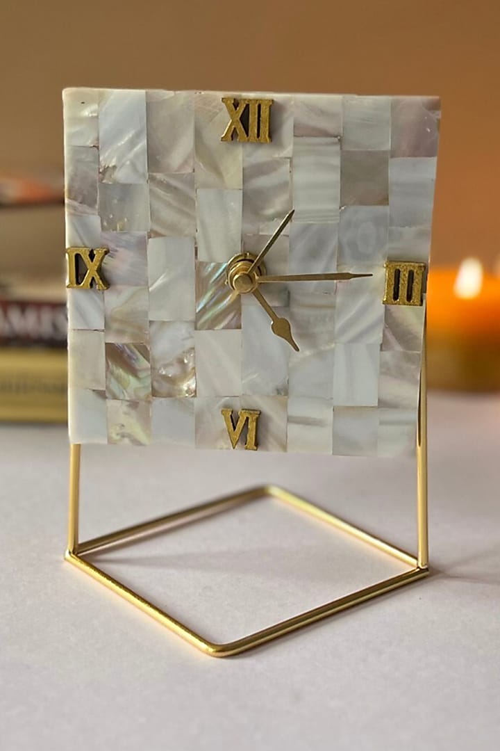 White Mother Of Pearl Square Desk Clock by Home Jewels by Cotton Indya