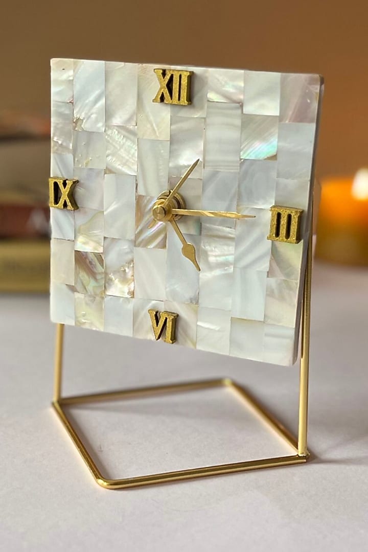 White Mother Of Pearl Square Desk Clock by Home Jewels by Cotton Indya at Pernia's Pop Up Shop