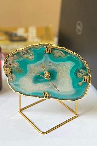 Green Brazilian Agate Desk Clock With Metal Stand by Home Jewels by Cotton Indya