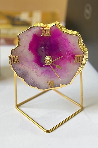 Pink Brazilian Agate Desk Clock With Metal Stand by Home Jewels by Cotton Indya