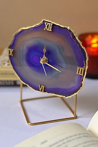 Purple Brazilian Agate Desk Clock With Metal Stand by Home Jewels by Cotton Indya
