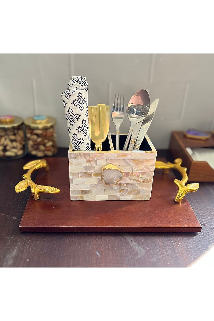 White Mother Of Pearl & Agate Cutlery Holder by Home Jewels by Cotton Indya