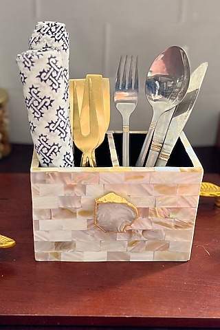 White Mother Of Pearl & Agate Cutlery Holder by Home Jewels by Cotton Indya