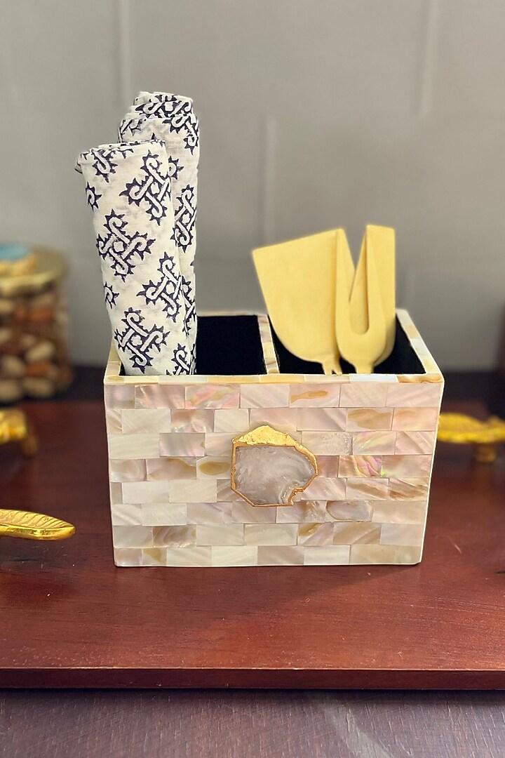 White Mother Of Pearl & Agate Cutlery Holder by Home Jewels by Cotton Indya at Pernia's Pop Up Shop