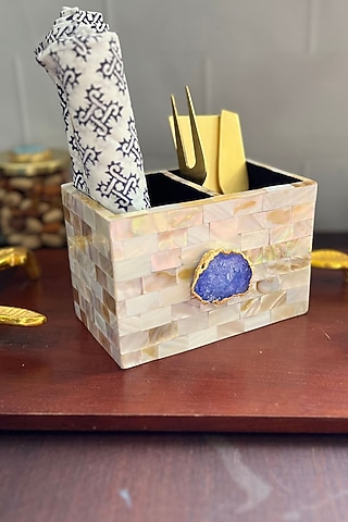 White Mother Of Pearl & Blue Agate Cutlery Holder by Home Jewels by Cotton Indya
