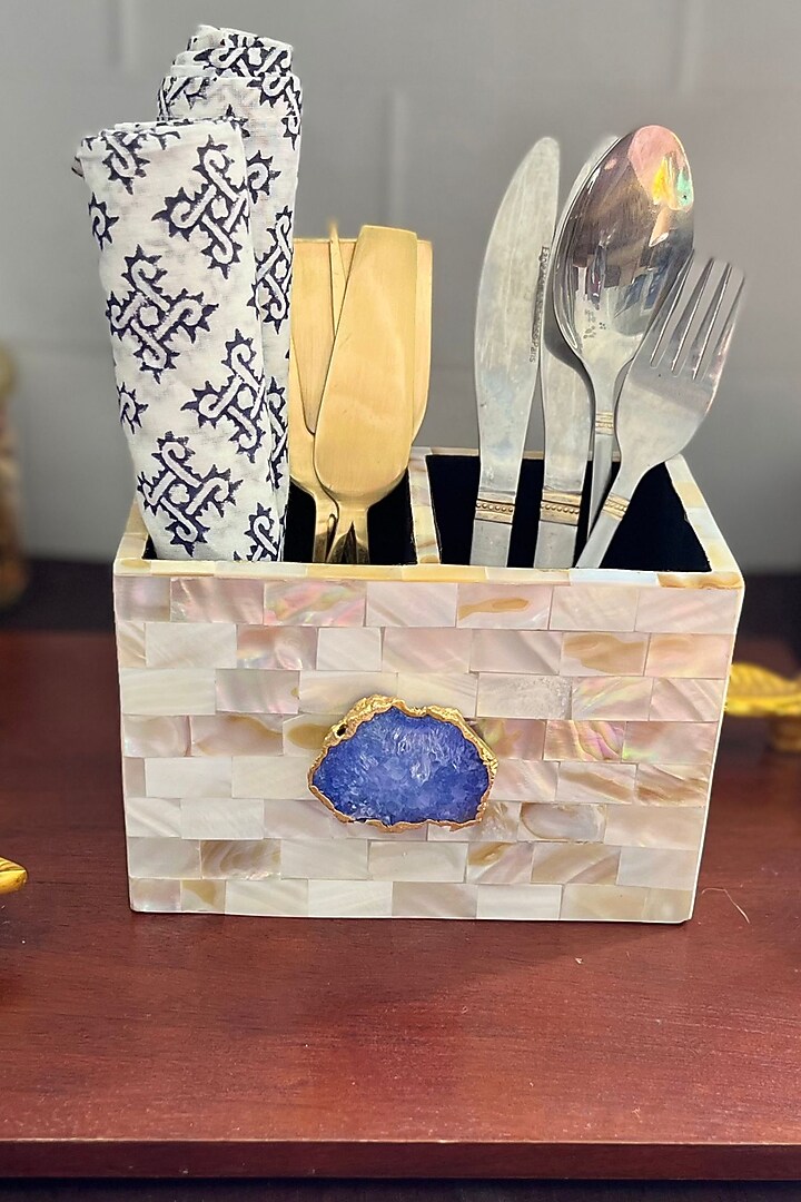 White Mother Of Pearl & Blue Agate Cutlery Holder by Home Jewels by Cotton Indya at Pernia's Pop Up Shop