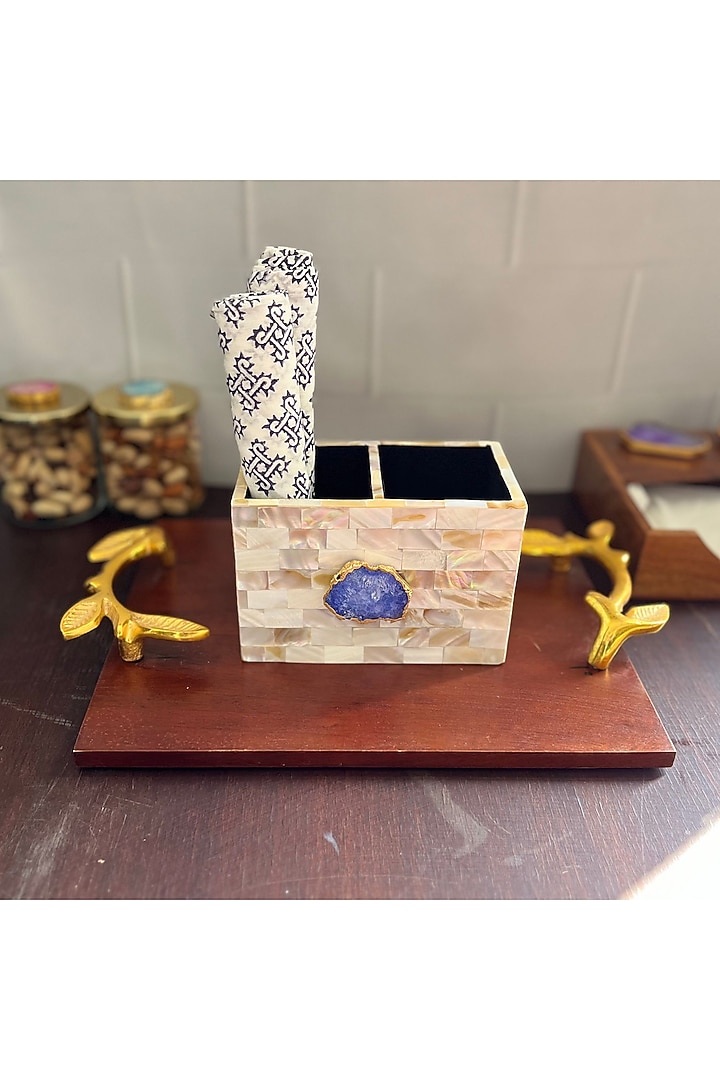 White Mother Of Pearl & Blue Agate Cutlery Holder by Home Jewels by Cotton Indya at Pernia's Pop Up Shop