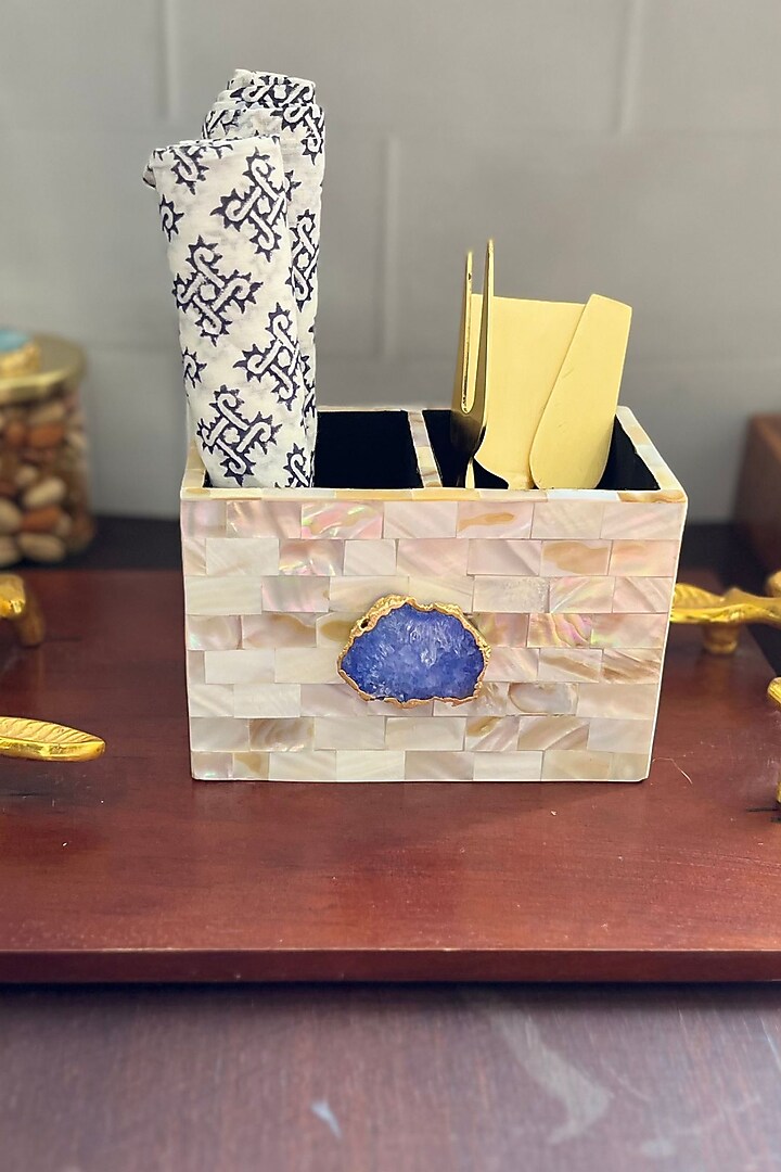 White Mother Of Pearl & Blue Agate Cutlery Holder by Home Jewels by Cotton Indya at Pernia's Pop Up Shop