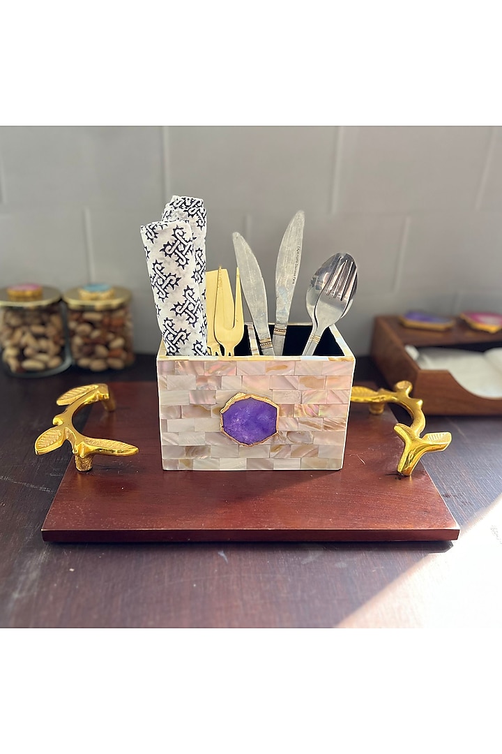 White Mother Of Pearl & Purple Agate Cutlery Holder by Home Jewels by Cotton Indya