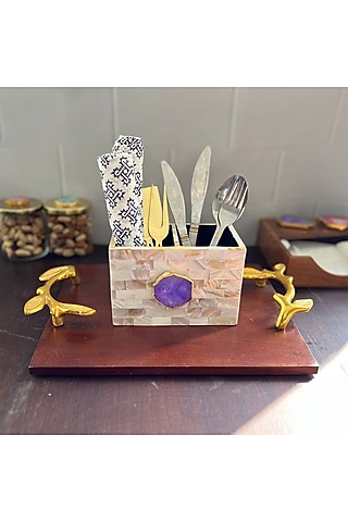 White Mother Of Pearl & Purple Agate Cutlery Holder by Home Jewels by Cotton Indya