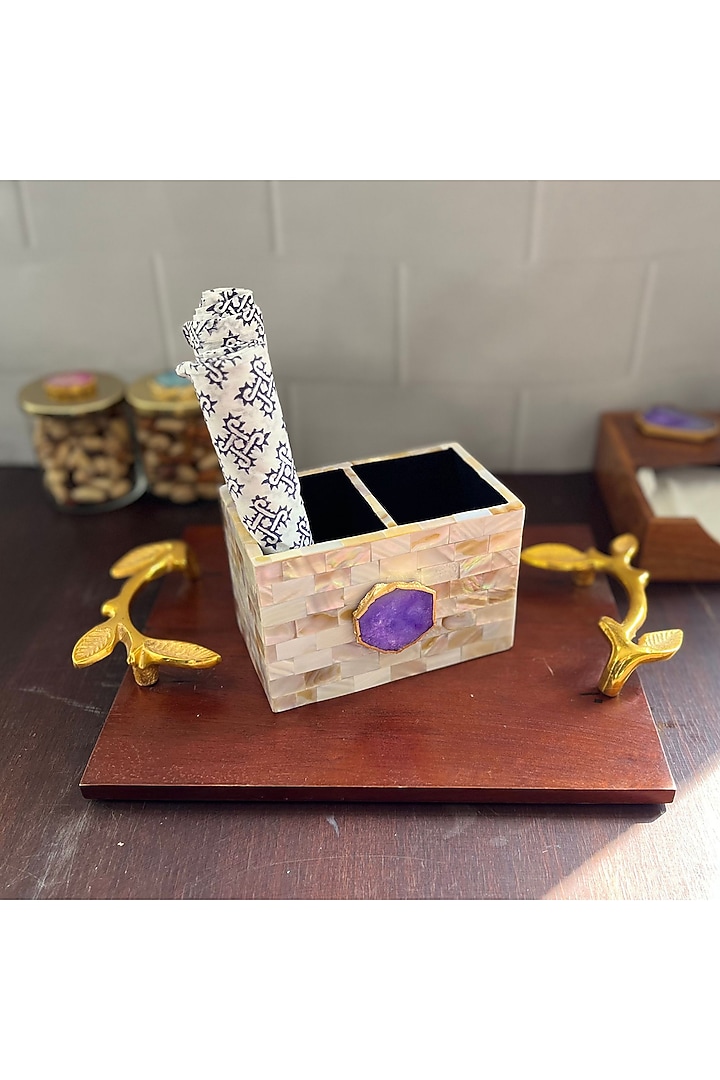 White Mother Of Pearl & Purple Agate Cutlery Holder by Home Jewels by Cotton Indya at Pernia's Pop Up Shop