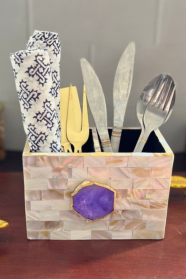 White Mother Of Pearl & Purple Agate Cutlery Holder by Home Jewels by Cotton Indya at Pernia's Pop Up Shop