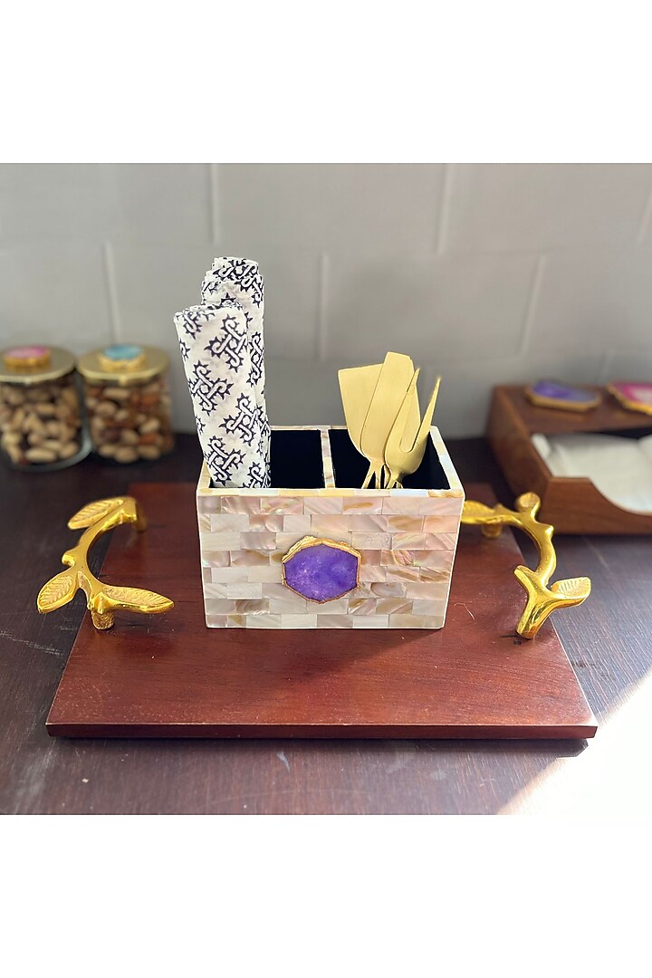 White Mother Of Pearl & Purple Agate Cutlery Holder by Home Jewels by Cotton Indya at Pernia's Pop Up Shop