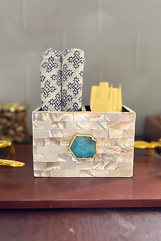 White Mother Of Pearl & Turquoise Agate Cutlery Holder by Home Jewels by Cotton Indya