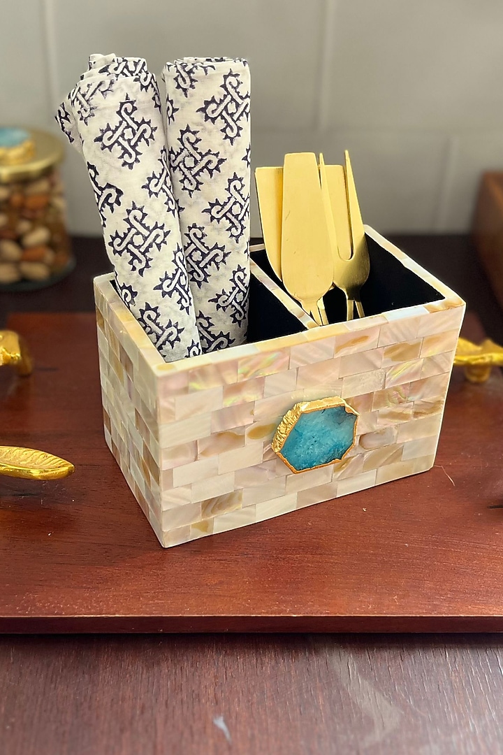 White Mother Of Pearl & Turquoise Agate Cutlery Holder by Home Jewels by Cotton Indya at Pernia's Pop Up Shop