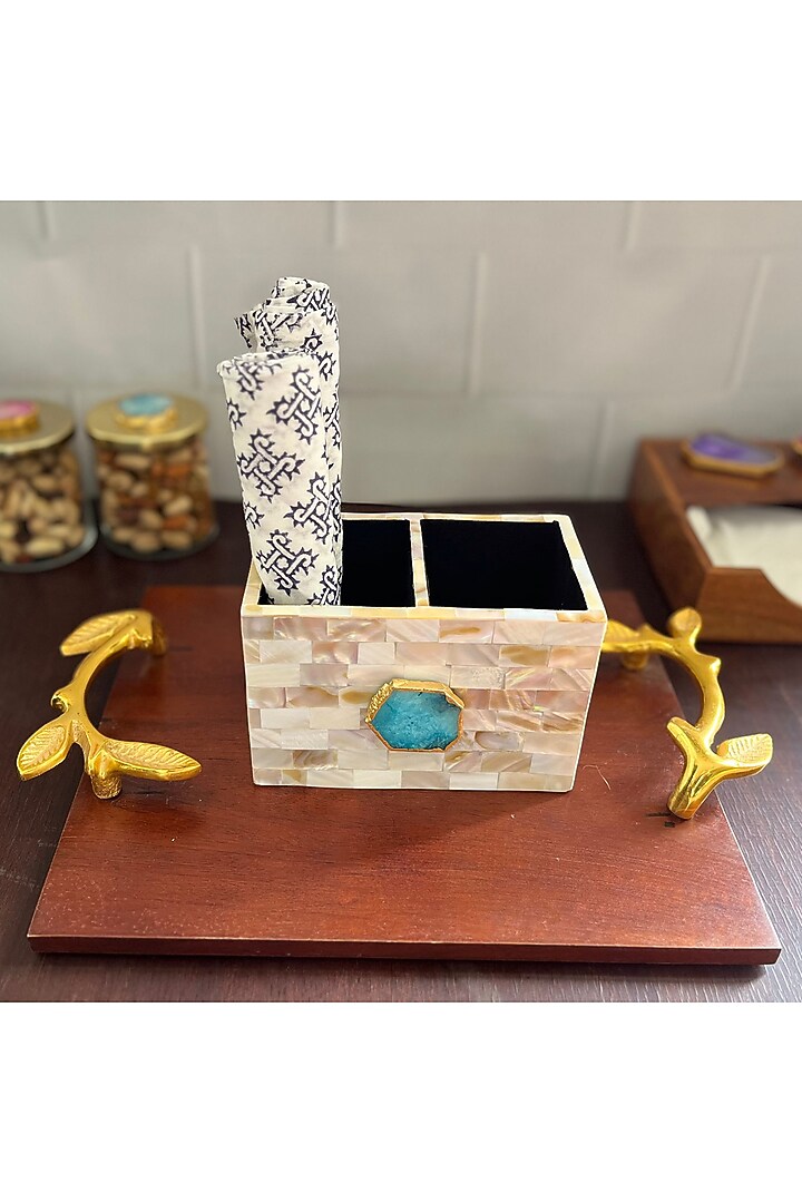 White Mother Of Pearl & Turquoise Agate Cutlery Holder by Home Jewels by Cotton Indya at Pernia's Pop Up Shop