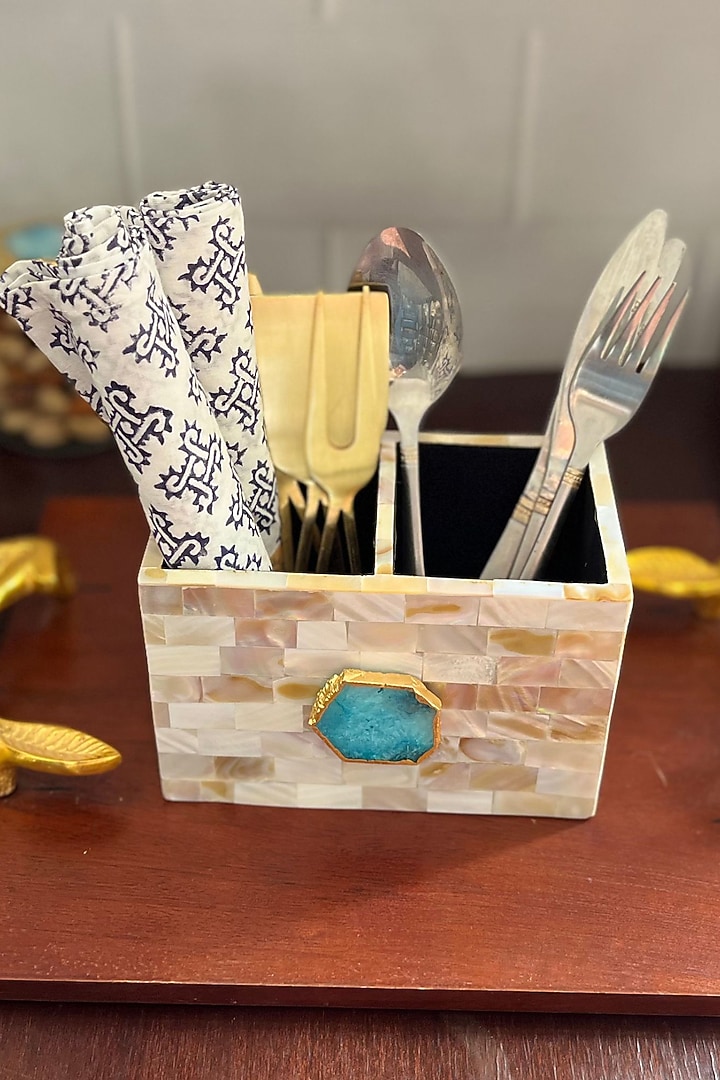 White Mother Of Pearl & Turquoise Agate Cutlery Holder by Home Jewels by Cotton Indya at Pernia's Pop Up Shop