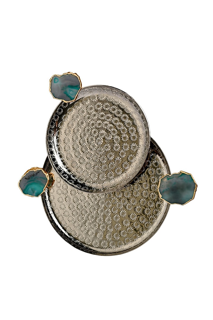 Green Agate Round Aluminum Tray (Set Of 2) by Home Jewels by Cotton Indya at Pernia's Pop Up Shop