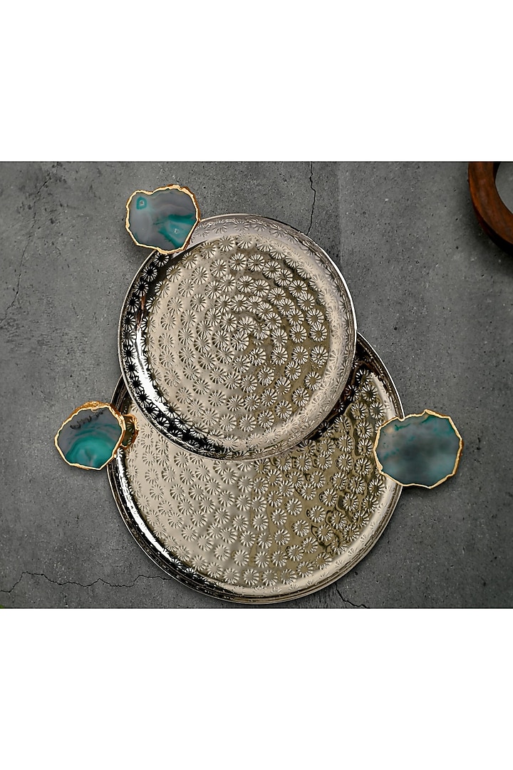 Green Agate Round Aluminum Tray (Set Of 2) by Home Jewels by Cotton Indya at Pernia's Pop Up Shop