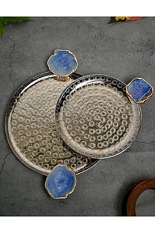 Blue Agate Round Aluminum Tray (Set Of 2) by Home Jewels by Cotton Indya