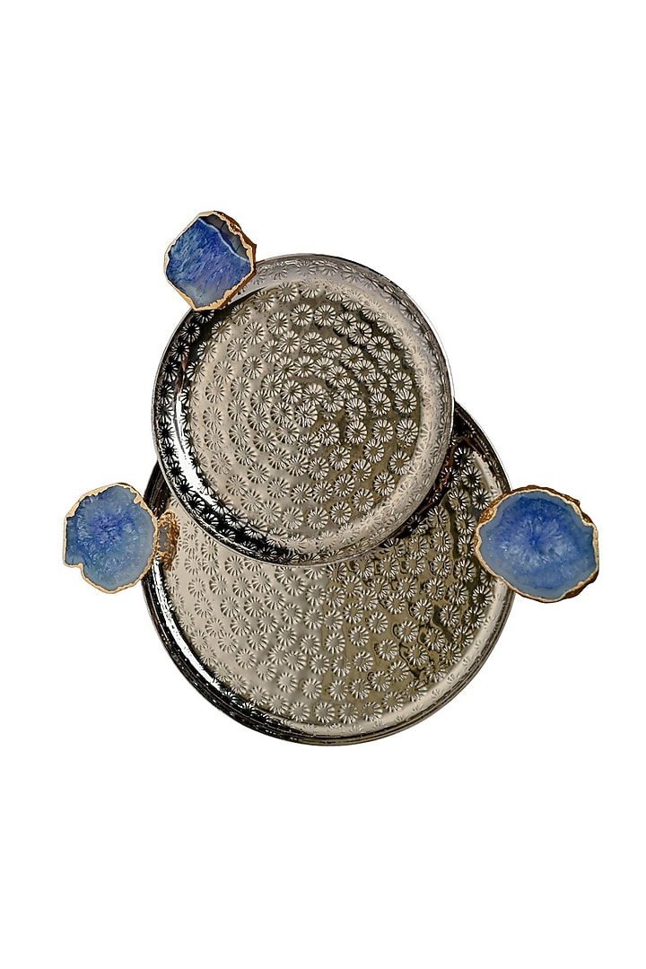 Blue Agate Round Aluminum Tray (Set Of 2) by Home Jewels by Cotton Indya at Pernia's Pop Up Shop