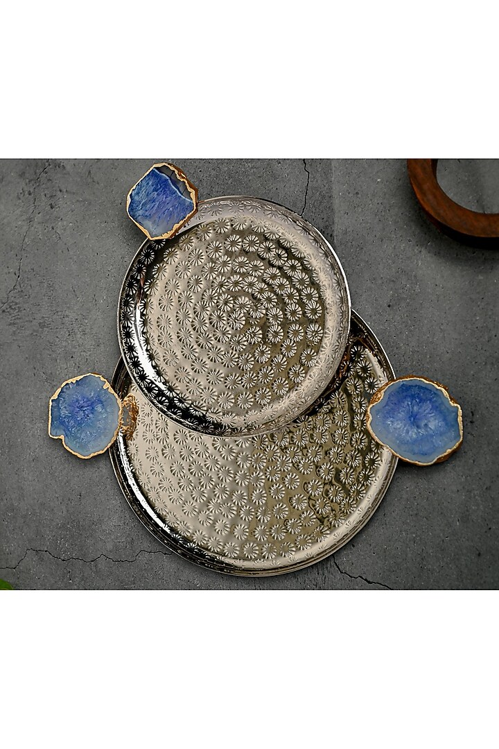 Blue Agate Round Aluminum Tray (Set Of 2) by Home Jewels by Cotton Indya at Pernia's Pop Up Shop