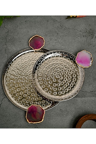 Pink Agate Round Aluminum Tray (Set Of 2) by Home Jewels by Cotton Indya
