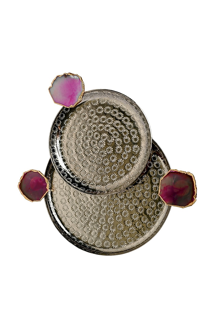 Pink Agate Round Aluminum Tray (Set Of 2) by Home Jewels by Cotton Indya at Pernia's Pop Up Shop