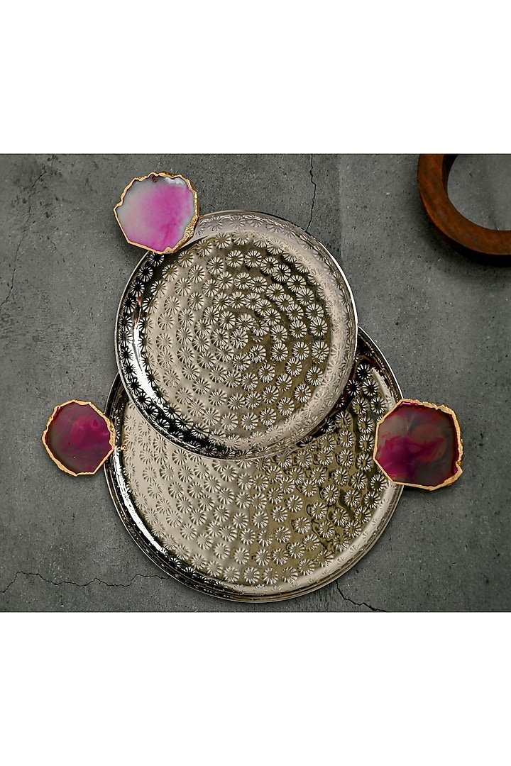Pink Agate Round Aluminum Tray (Set Of 2) by Home Jewels by Cotton Indya at Pernia's Pop Up Shop