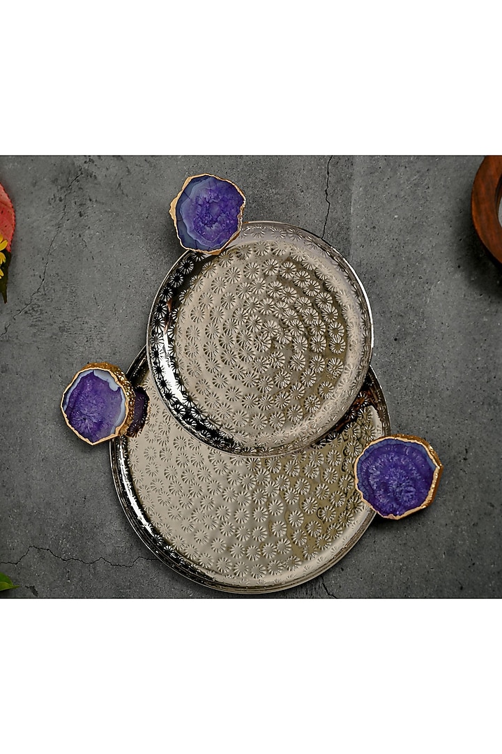 Purple Agate Round Aluminum Tray (Set Of 2) by Home Jewels by Cotton Indya at Pernia's Pop Up Shop