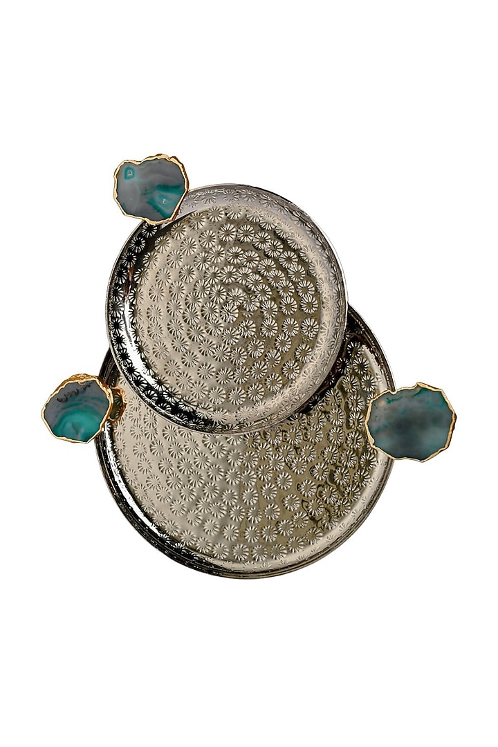 Turquoise Agate Round Aluminum Tray (Set Of 2) by Home Jewels by Cotton Indya at Pernia's Pop Up Shop