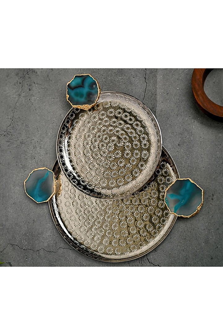 Turquoise Agate Round Aluminum Tray (Set Of 2) by Home Jewels by Cotton Indya at Pernia's Pop Up Shop