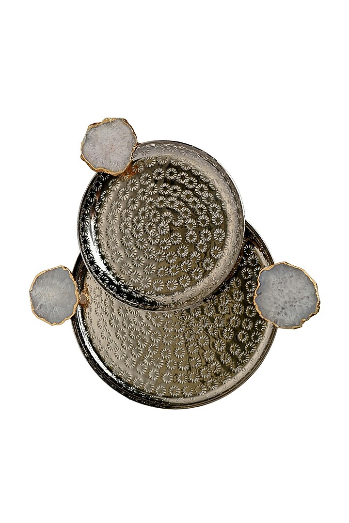 White Agate Round Aluminum Tray (Set Of 2) by Home Jewels by Cotton Indya at Pernia's Pop Up Shop