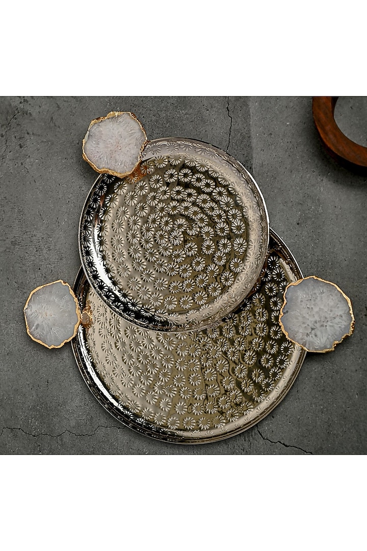 White Agate Round Aluminum Tray (Set Of 2) by Home Jewels by Cotton Indya at Pernia's Pop Up Shop