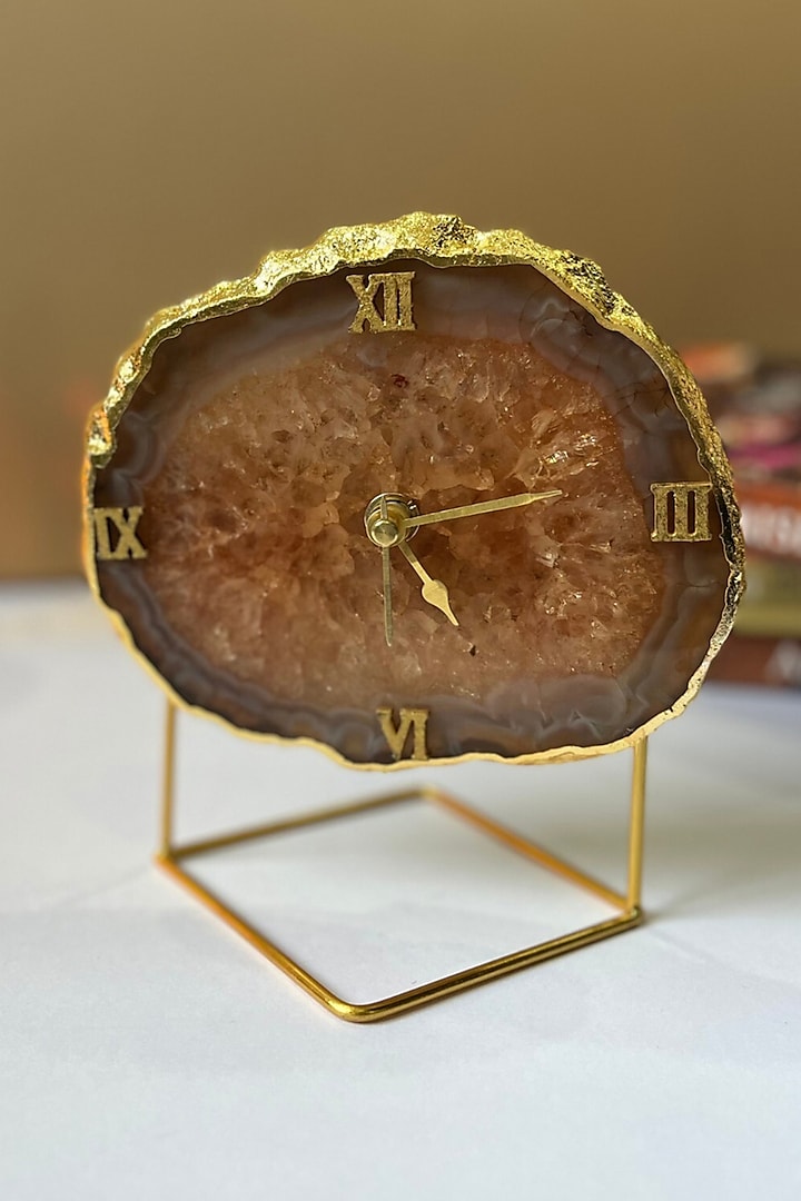 Brown Agate Desk Clock With Metal Stand by Home Jewels by Cotton Indya