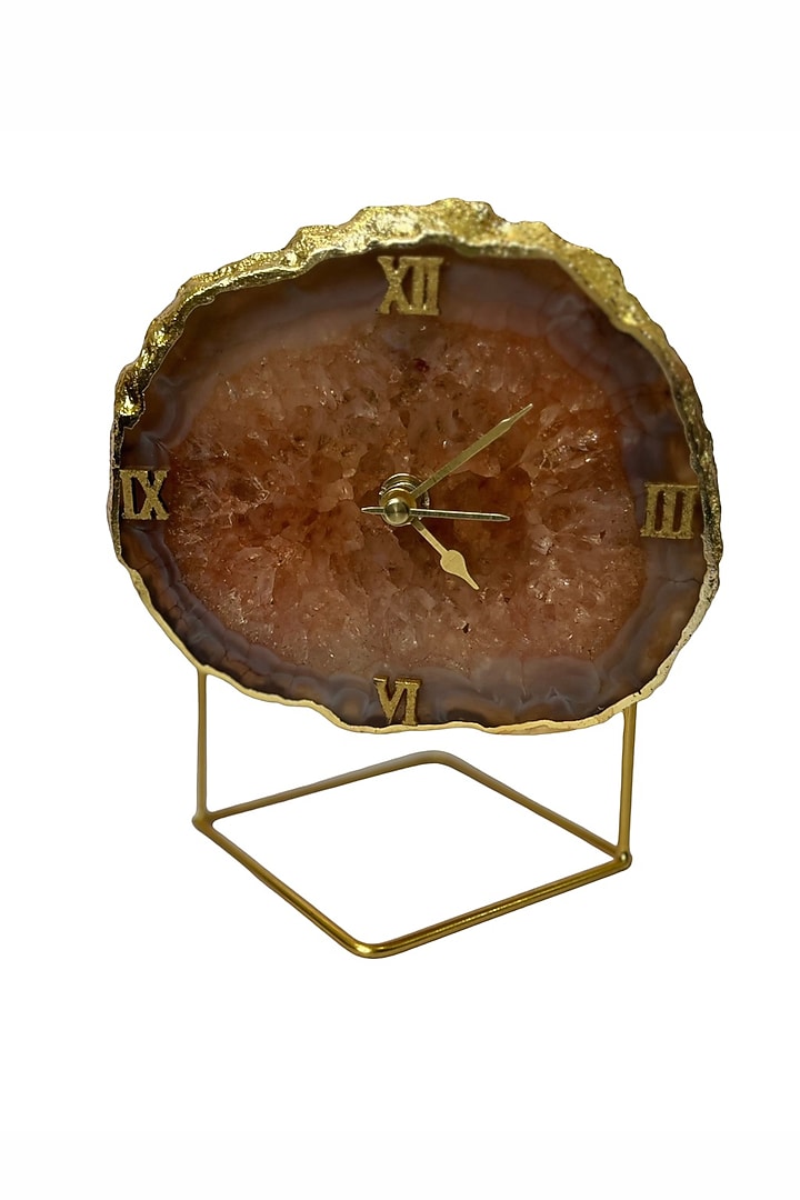 Brown Agate Desk Clock With Metal Stand by Home Jewels by Cotton Indya at Pernia's Pop Up Shop