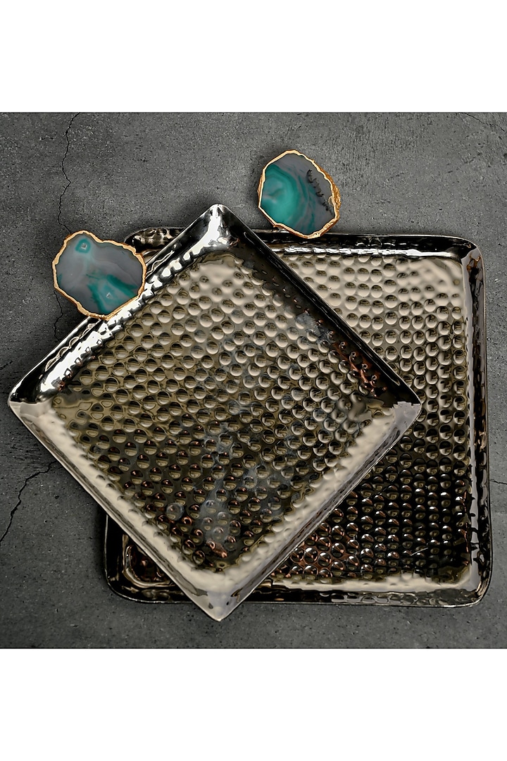 Green Agate Square Aluminum Tray (Set Of 2) by Home Jewels by Cotton Indya