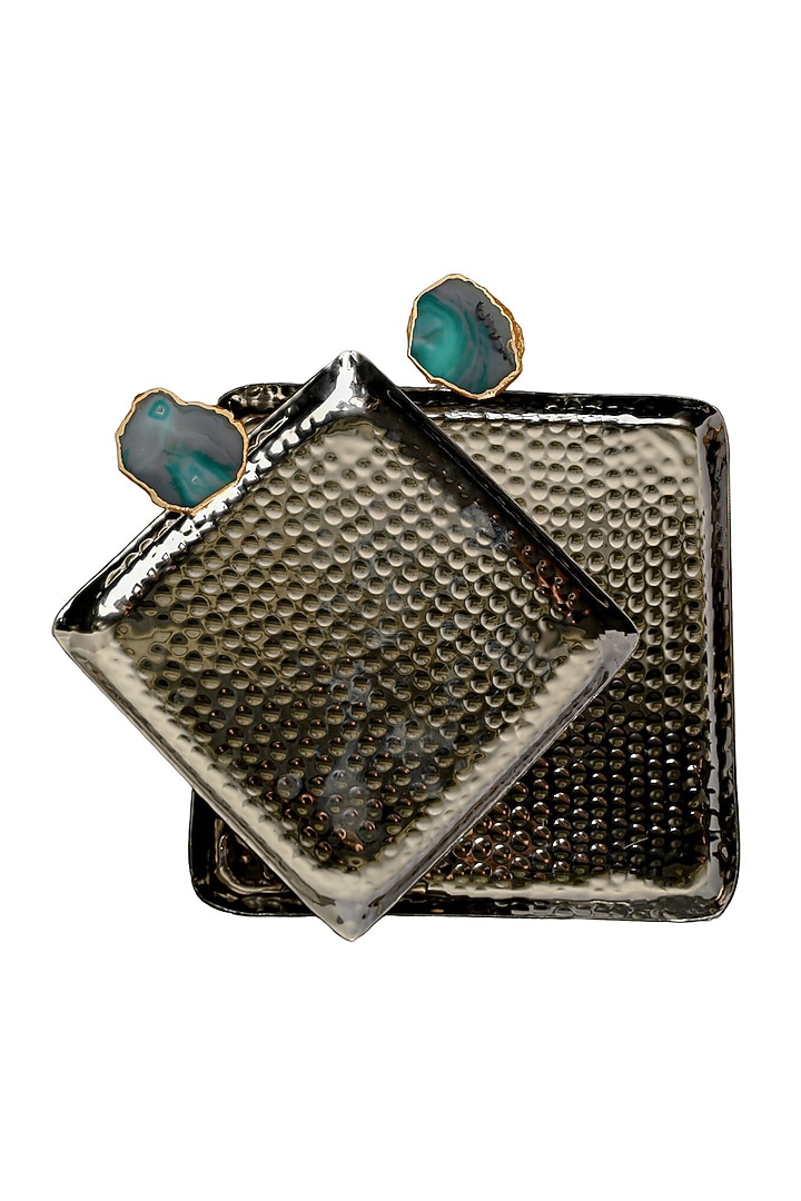 Green Agate Square Aluminum Tray (Set Of 2) by Home Jewels by Cotton Indya at Pernia's Pop Up Shop