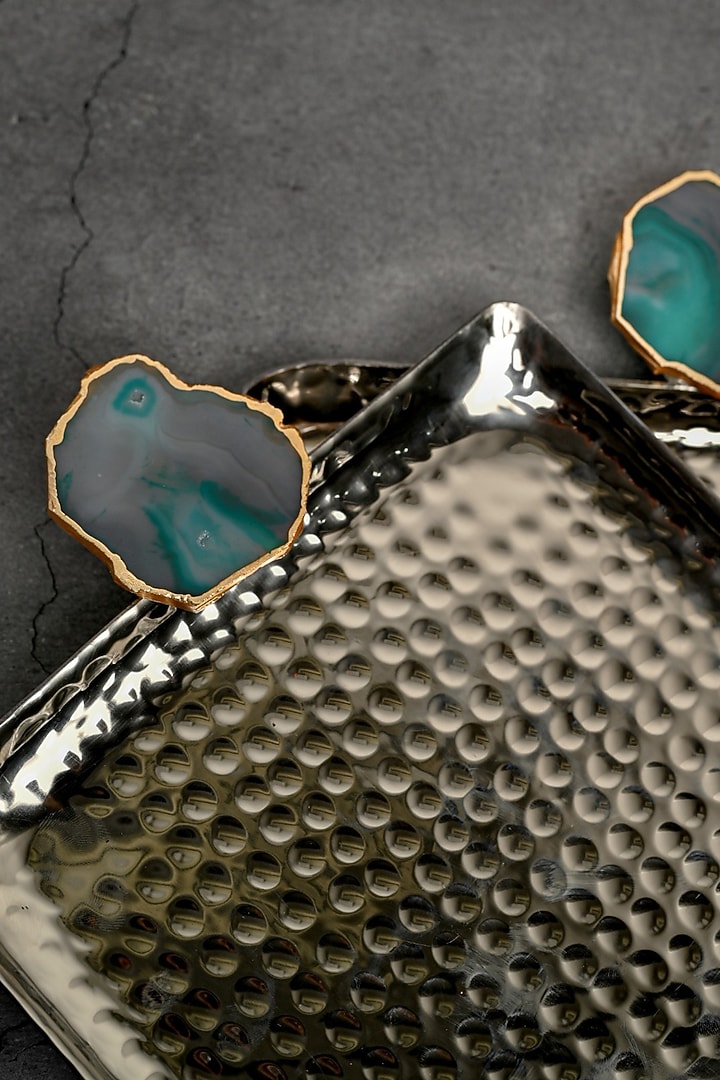 Green Agate Square Aluminum Tray (Set Of 2) by Home Jewels by Cotton Indya at Pernia's Pop Up Shop