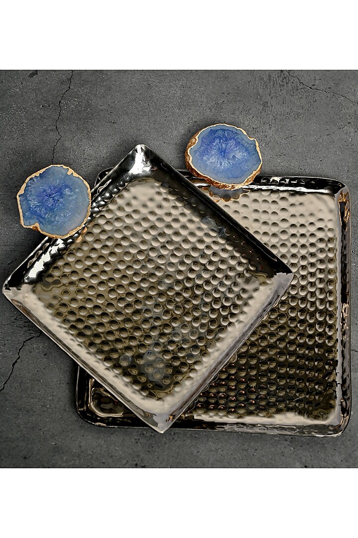 Blue Agate Square Aluminum Tray (Set Of 2) by Home Jewels by Cotton Indya