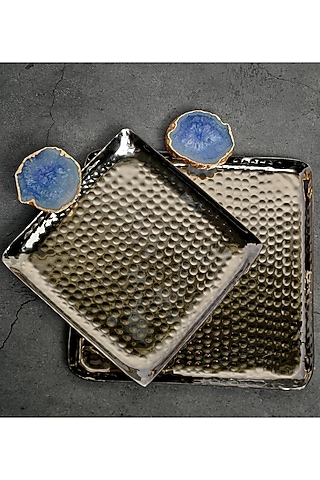 Blue Agate Square Aluminum Tray (Set Of 2) by Home Jewels by Cotton Indya