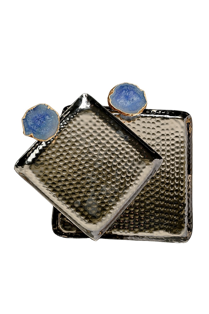 Blue Agate Square Aluminum Tray (Set Of 2) by Home Jewels by Cotton Indya at Pernia's Pop Up Shop