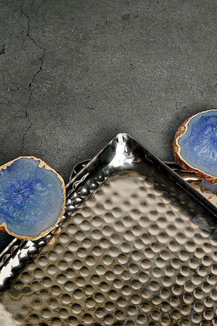 Blue Agate Square Aluminum Tray (Set Of 2) by Home Jewels by Cotton Indya at Pernia's Pop Up Shop