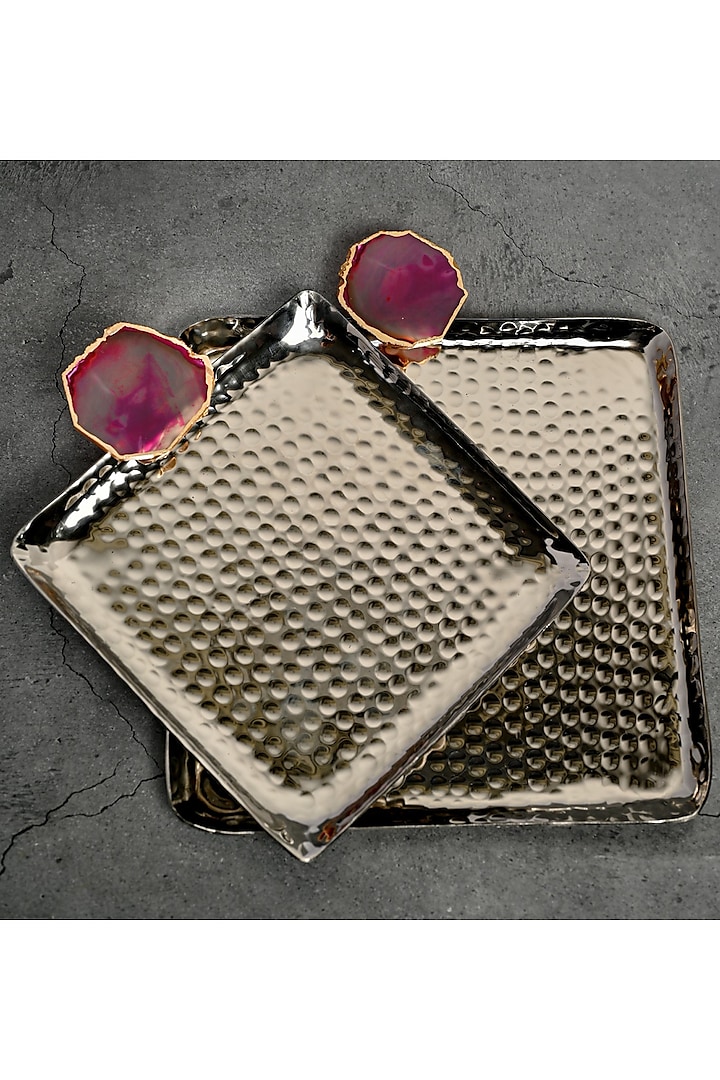 Pink Agate Square Aluminum Tray (Set Of 2) by Home Jewels by Cotton Indya