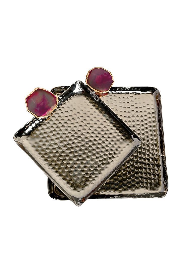 Pink Agate Square Aluminum Tray (Set Of 2) by Home Jewels by Cotton Indya at Pernia's Pop Up Shop