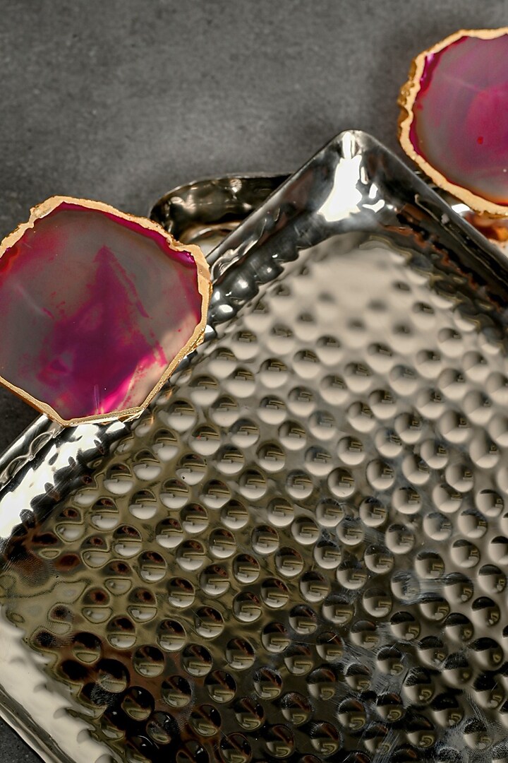 Pink Agate Square Aluminum Tray (Set Of 2) by Home Jewels by Cotton Indya at Pernia's Pop Up Shop